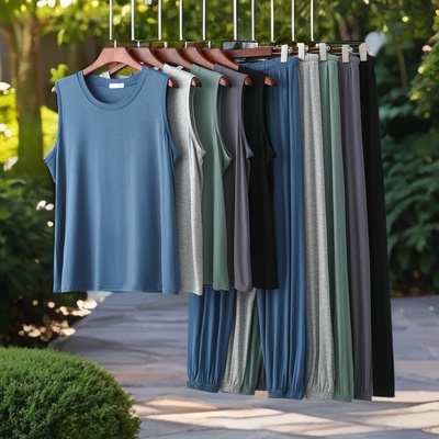 莫代尔睡衣男款夏季薄款背心长裤套装宽松大码可外穿家居服两件套