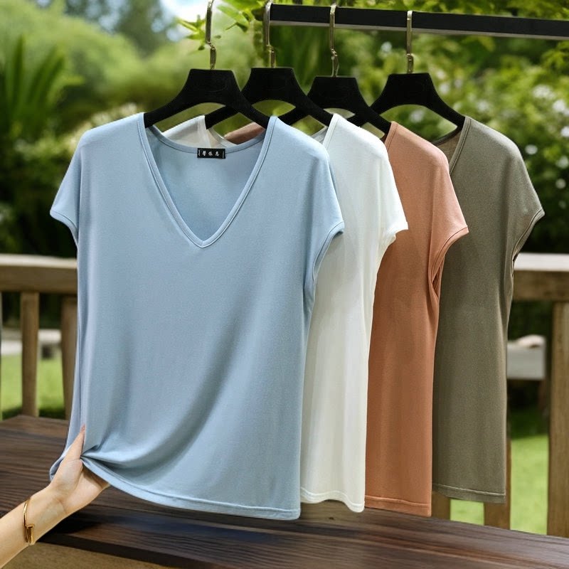 莫代尔V领短袖T恤衫女夏季薄款修身显瘦夏装2026新款大码外穿半袖