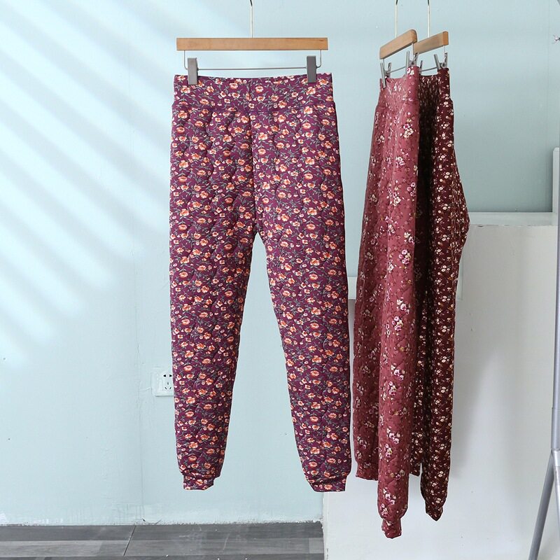 妈妈秋冬保暖裤女高腰弹力碎花夹棉棉裤中老年人内穿加厚打底裤女