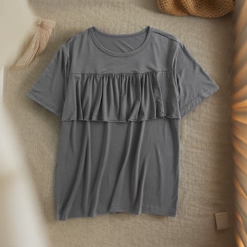 女春夏棉加肥大码双层波浪免穿胸罩防凸点胸帘可外穿睡衣家居短袖