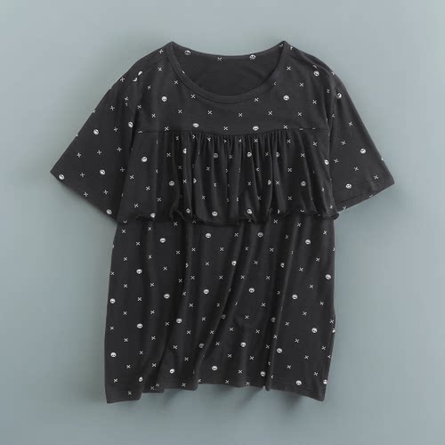 女棉印花加肥大码双层波浪免穿胸罩防凸点胸帘可外穿睡衣家居短袖