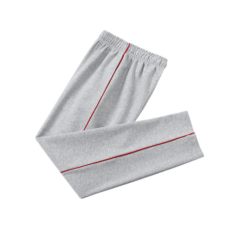 小学生校裤纯棉浅灰色酒红条