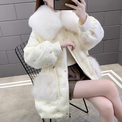 刺绣钉珠羽绒服外套中长款大毛领