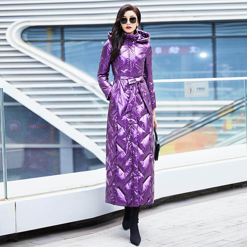 高端刺绣亮面羽绒棉服女2025冬季超长收腰洋气连帽加厚过膝外套潮