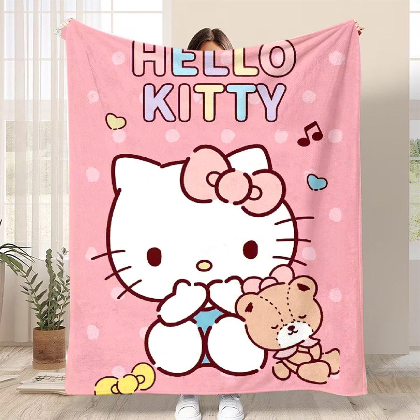 凯蒂猫卡通法兰绒毛毯图案LOGO定制办公室空调毯披肩毯沙发午睡毯