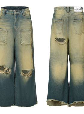 CYCYCY ERISSTOFF联名千禧怀旧黄绿重磅水洗廓形象腿牛仔裤姚琛