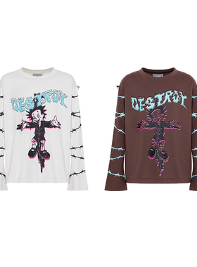 CyCyCy Y2K千禧朋克复古匹诺曹荆棘印花廓形双色圆领长袖T恤