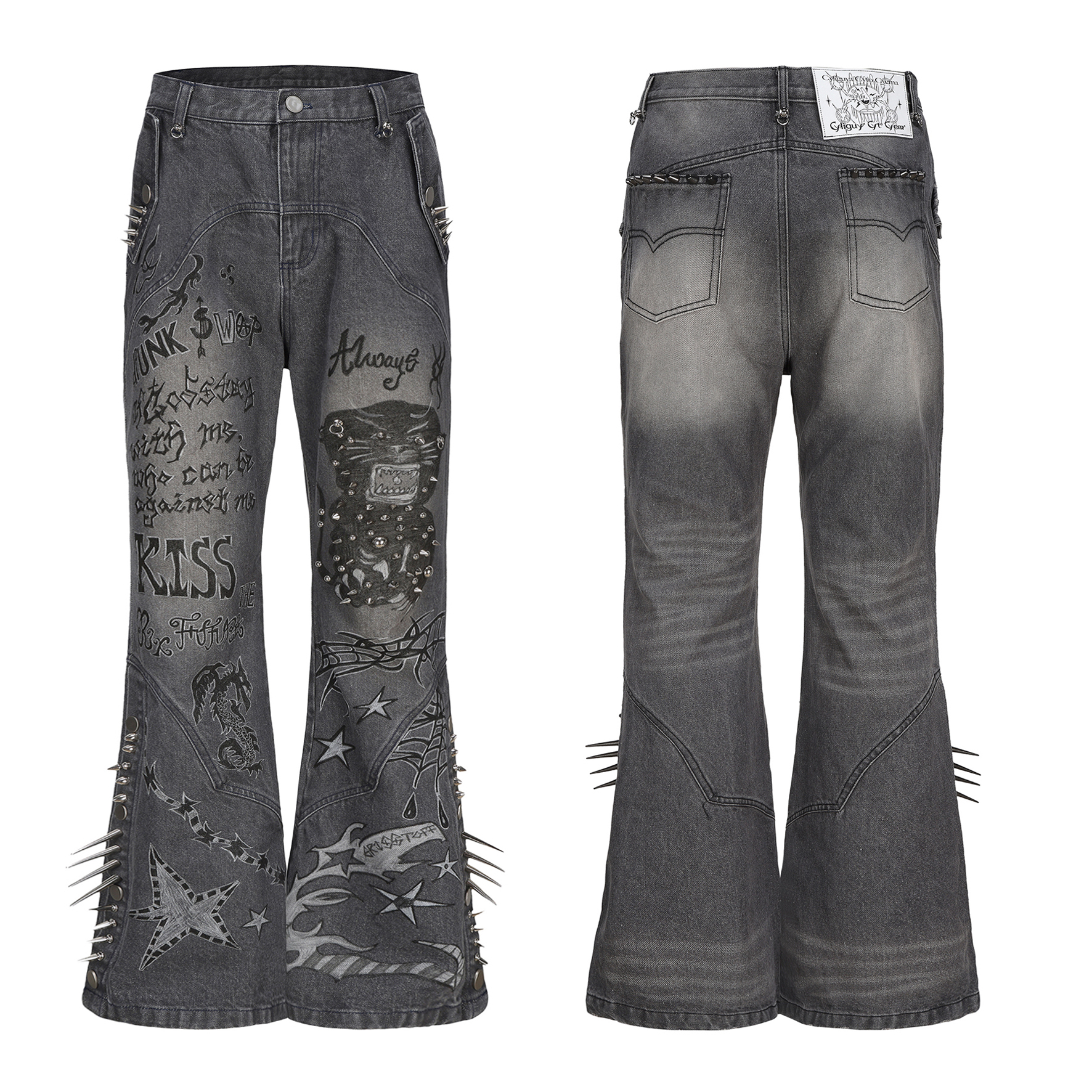 水洗千禧复古修身做旧微喇牛仔裤