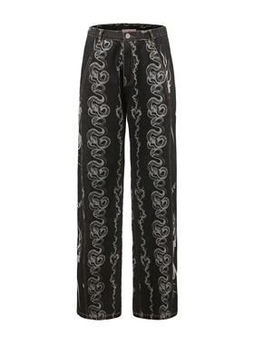 CyCyCy Y2K千禧作旧黑水洗满版龙蛇纹火焰拼接休闲百搭廓形牛仔裤