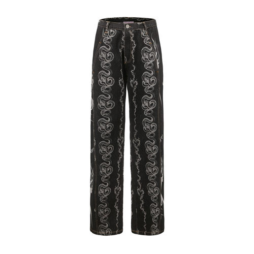 作旧黑水洗龙蛇纹火焰廓形牛仔裤