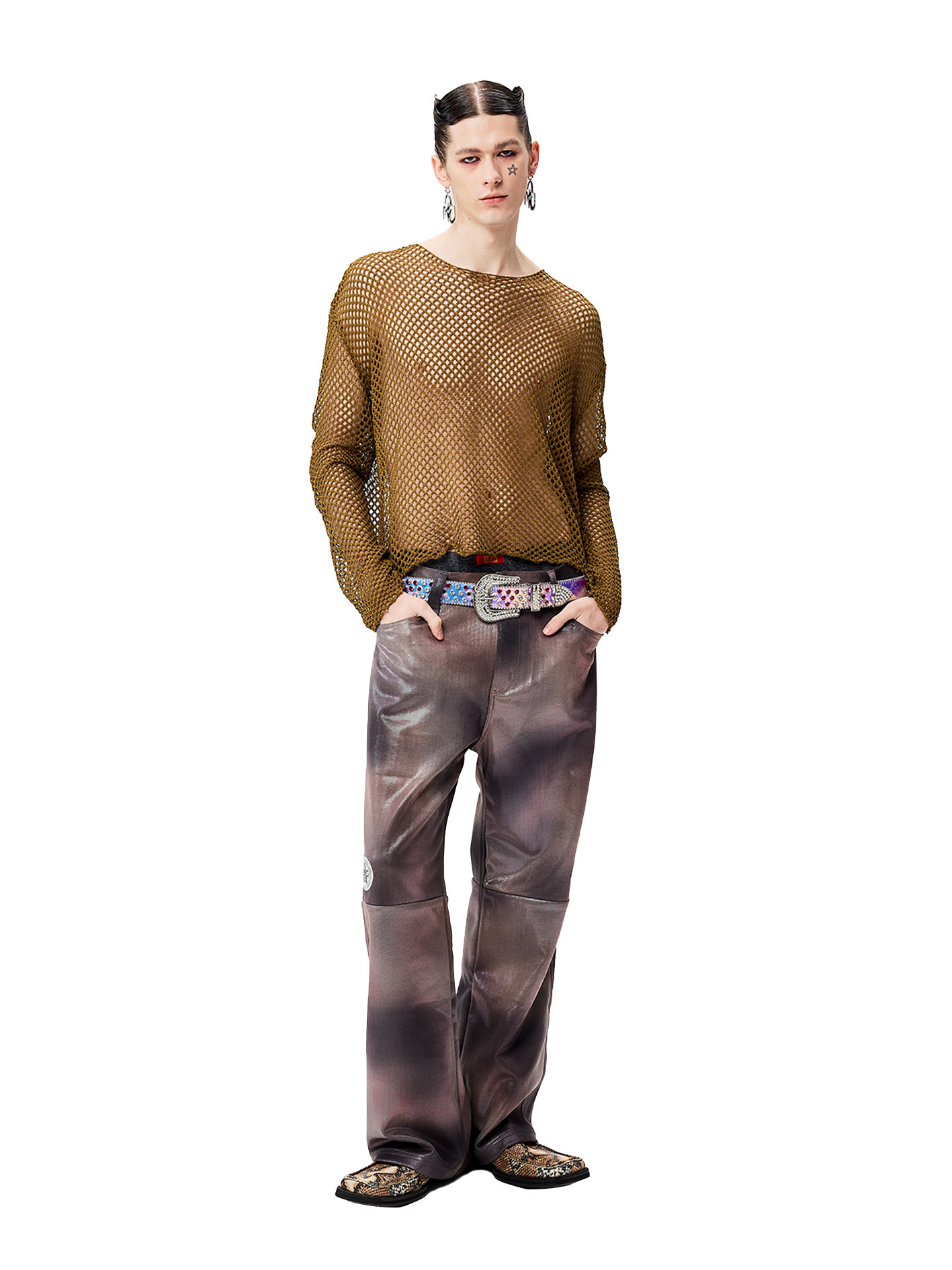 ERISSTOFF Y2K 밀레니엄 사이버 브라운 벨벳 골드 스레드 화염 구름 타이 염색 반사 스플라이싱 프로필 가죽 바지