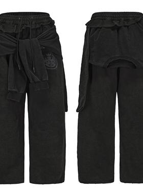 CYCYCY Y2K千禧废土怀旧水洗黑磨边破坏假两件叠穿廓形卫裤范丞丞