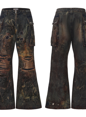 【定制REMAKE】CYCYCY 千禧破洞涂鸦手缝流苏糜烂水洗廓形牛仔裤