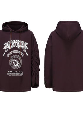 ERISSTOFF Y2K千禧复古酒红紫色皲裂印花抽绳袖斗篷廓形戴帽卫衣