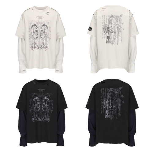 CYCYCY破洞水洗假两件套指袖TEE
