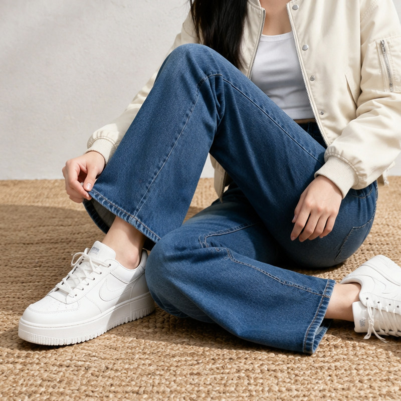 弹力高腰直筒裤子女款秋新款梨型牛仔裤