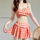 分体泳衣女纯欲ins显白保守小胸显瘦温泉度假甜辣格子性感游泳装