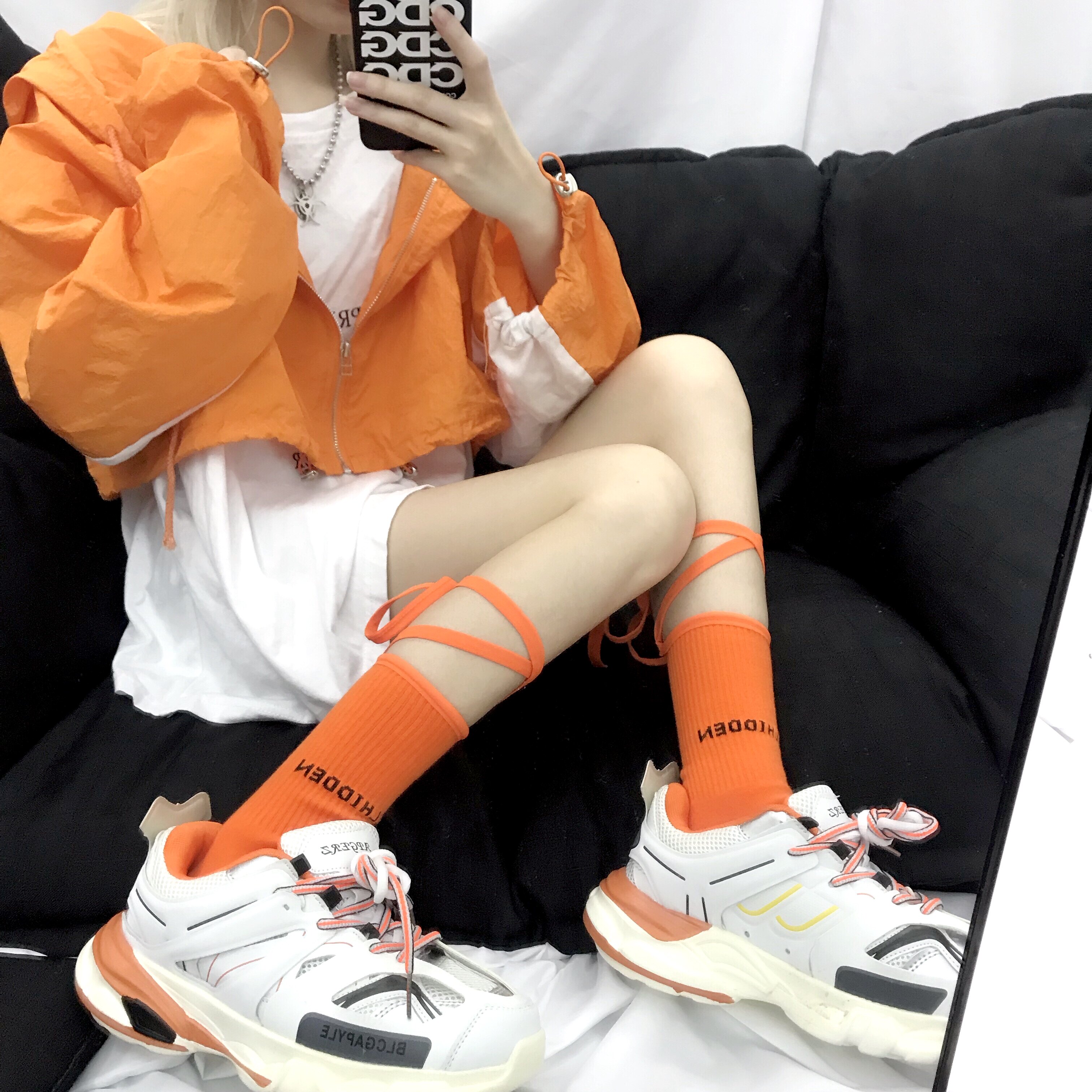 lolita绑带袜子荧光长筒袜韩版学院风洛丽塔日系ins软妹小腿袜子