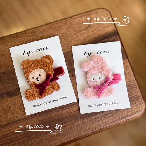 包邮秋冬新品少女可爱小熊蝴蝶结发夹宝宝女童不伤发小兔发饰rae