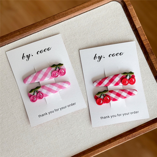 包邮小红书爆款韩国进口儿童刺绣樱桃BB夹红色格子碎发夹非rae