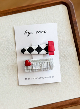 包邮小众气质儿童红黑桃格子边夹少女红色桃心裙边发饰小红书同款