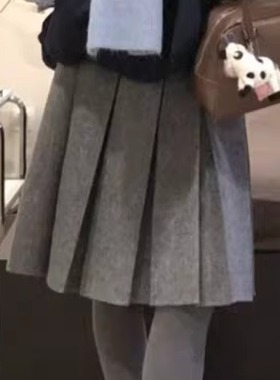 韩代款2025秋冬日常灰色百搭压褶中裙 复古休闲减龄洋气半身裙女