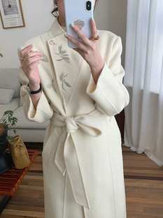 烟花烫新中式刺绣双面羊绒大衣女中长款显瘦系带优雅气质羊毛外套