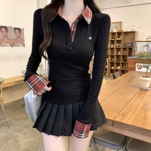 打底衫 撞色polo领拼接长袖 假两件洋气修身 t恤女2025秋季 上衣 新款