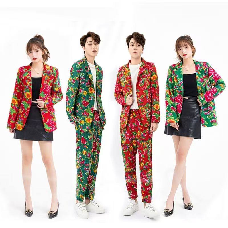 东北花布衣服西服抖音网红外套