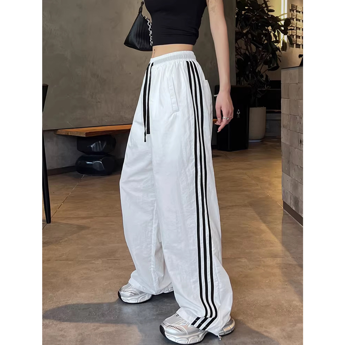 大码美式条纹速干工装裤女夏季新款胖mm防晒直筒休闲宽松运动长裤
