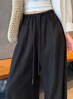 大码黑色棉麻阔腿裤女夏薄款胖mm高腰垂感宽松休闲防晒空气山本裤