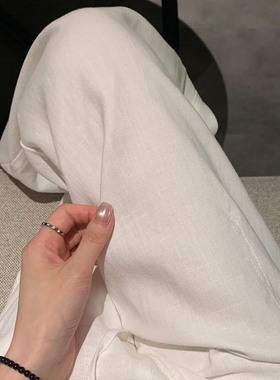 大码白色亚麻苎麻阔腿裤女夏季薄款胖mm垂感老钱风直筒棉麻休闲裤