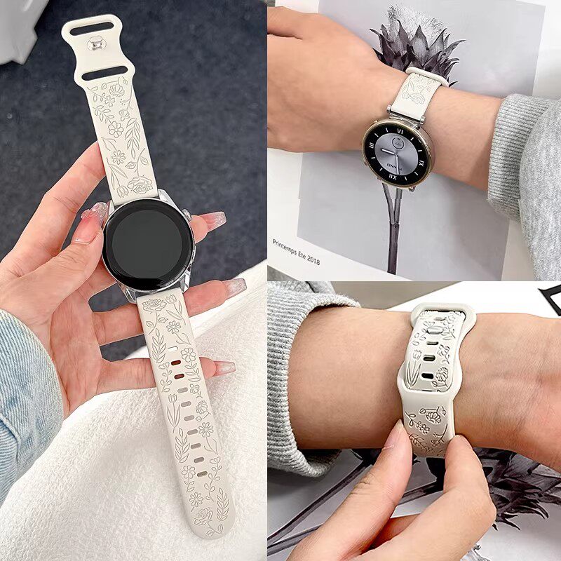 适用oppowatch3/X/2/3pro/4pro/S手表玫瑰雕刻表带硅胶男女款腕带