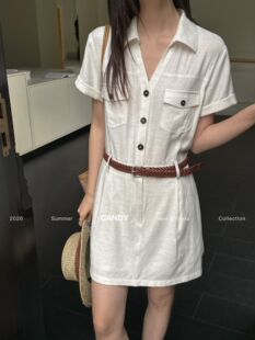 韩系简约V领翻领短袖收腰显瘦棉麻连衣裙女夏季新款气质短裙