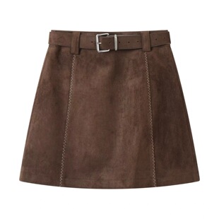 秋冬新款韩系简约百搭舒适净版短款麂皮绒配腰带半身裙A字半裙