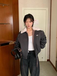 冬上新简约韩系氛围感撞色慵懒风毛领短款棉服外套