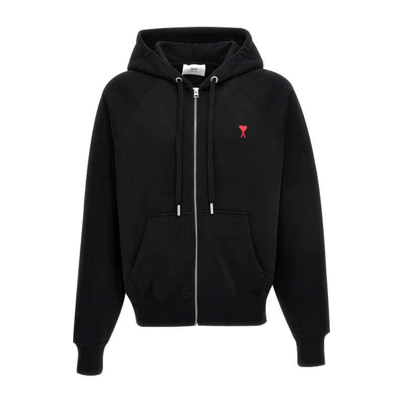 AMIPARIS新款男士爱心LOGO刺绣黑色抽绳插袋连帽开衫卫衣USW415