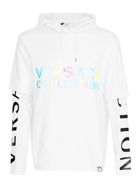 Versace/范思哲新款男士假两件字母印花白色连帽长袖T恤V800886