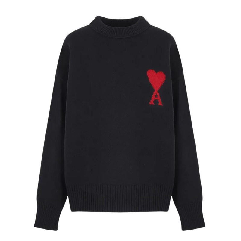 AMIPARIS/AMI男女同款爱心logo嵌花黑色圆领羊毛针织衫毛衣UKS838