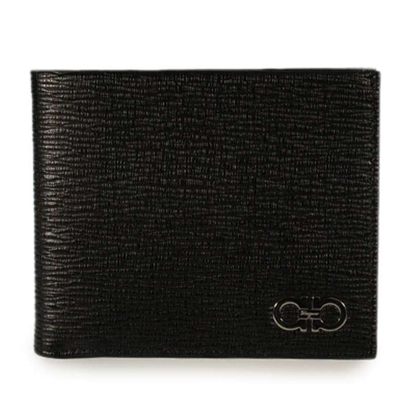 Ferragamo/菲拉格慕新款男士黑色牛皮压纹金属LOGO对折钱包66A063