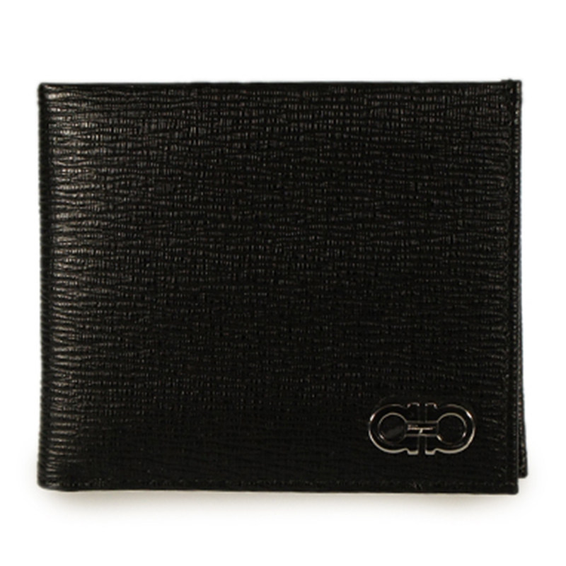 Ferragamo/菲拉格慕新款男士黑色牛皮压纹金属LOGO对折钱包66A065