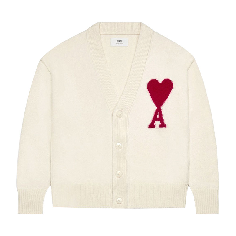 AMIPARIS新款男士爱心LOGO嵌花V领白色针织开衫卫衣BFUKC006