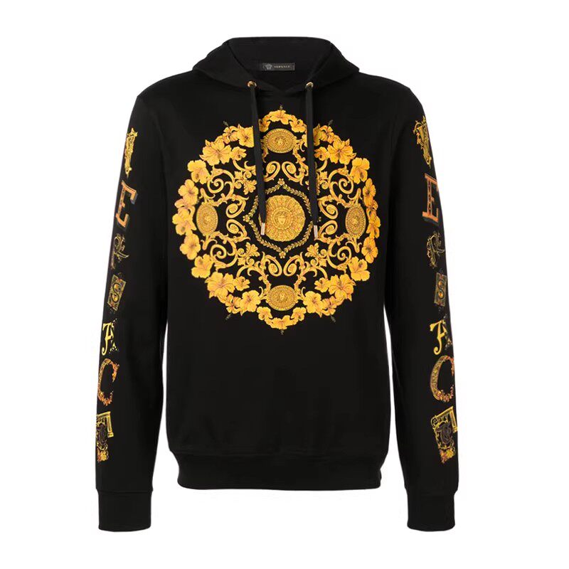 Versace/范思哲男士金色美杜莎字母印花抽绳连帽卫衣A81934