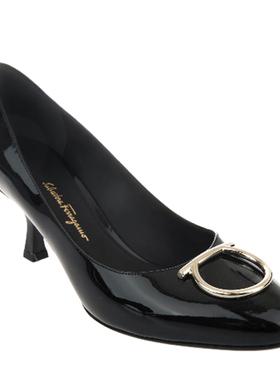 Ferragamo/菲拉格慕新款女士黑色漆面时尚休闲高跟皮鞋SERINA 7CM