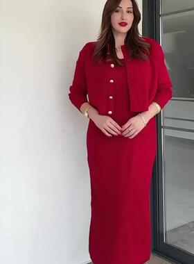 亚马逊欧美跨境2025年秋季简约优雅柔美长袖长裙复古套装连衣裙