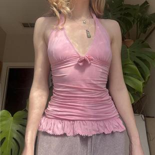 显瘦缩褶木耳边挂脖吊带背心女甜美蝴蝶结露背上衣 纯欲深V领修身