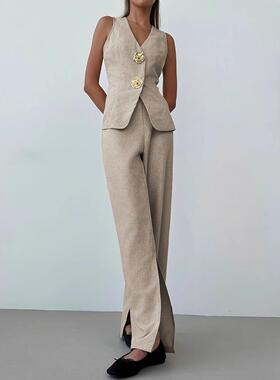 2领春夏透气欧美开衩阔腿裤薄款西裤无袖V马甲件女装套装气质跨境