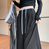 黑色阔腿西装 双腰条纹拼接高个子休闲直筒拖地裤 裤 女2026春夏新款