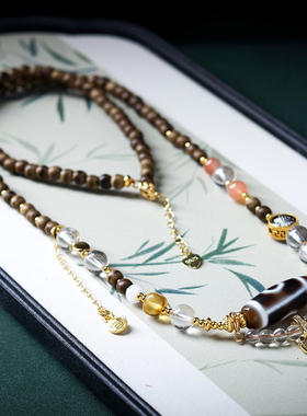 天然沉香木佛牌链唐卡挂链搭配天然白水晶南红玛瑙天珠万能吊坠绳