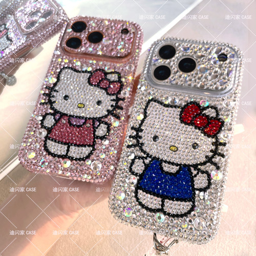 懒懒同款kt猫手机壳适用iPhone17ProMax水钻壳Hello Kitty纯手工diy苹果16Pro新女款15plus定制边框奢华创意